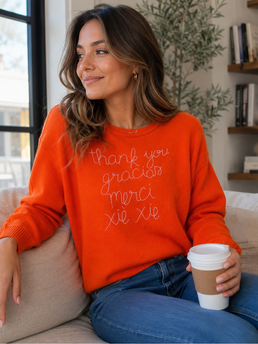 Lingua Franca Multi-Language 'Thank You' Crewneck Sweater in Bright Orange